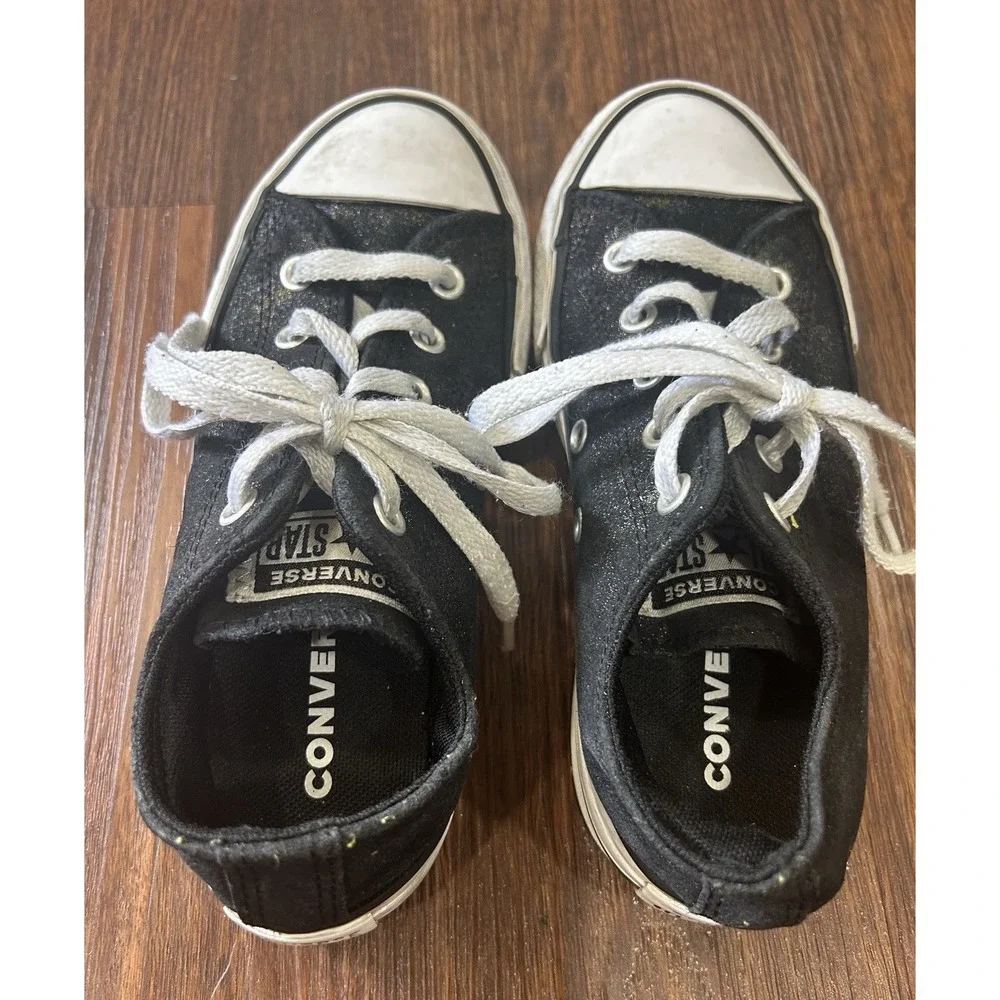 Converse All Stars Girls Size 1 Low Top Sneaker Black Canvas & Glitter B406